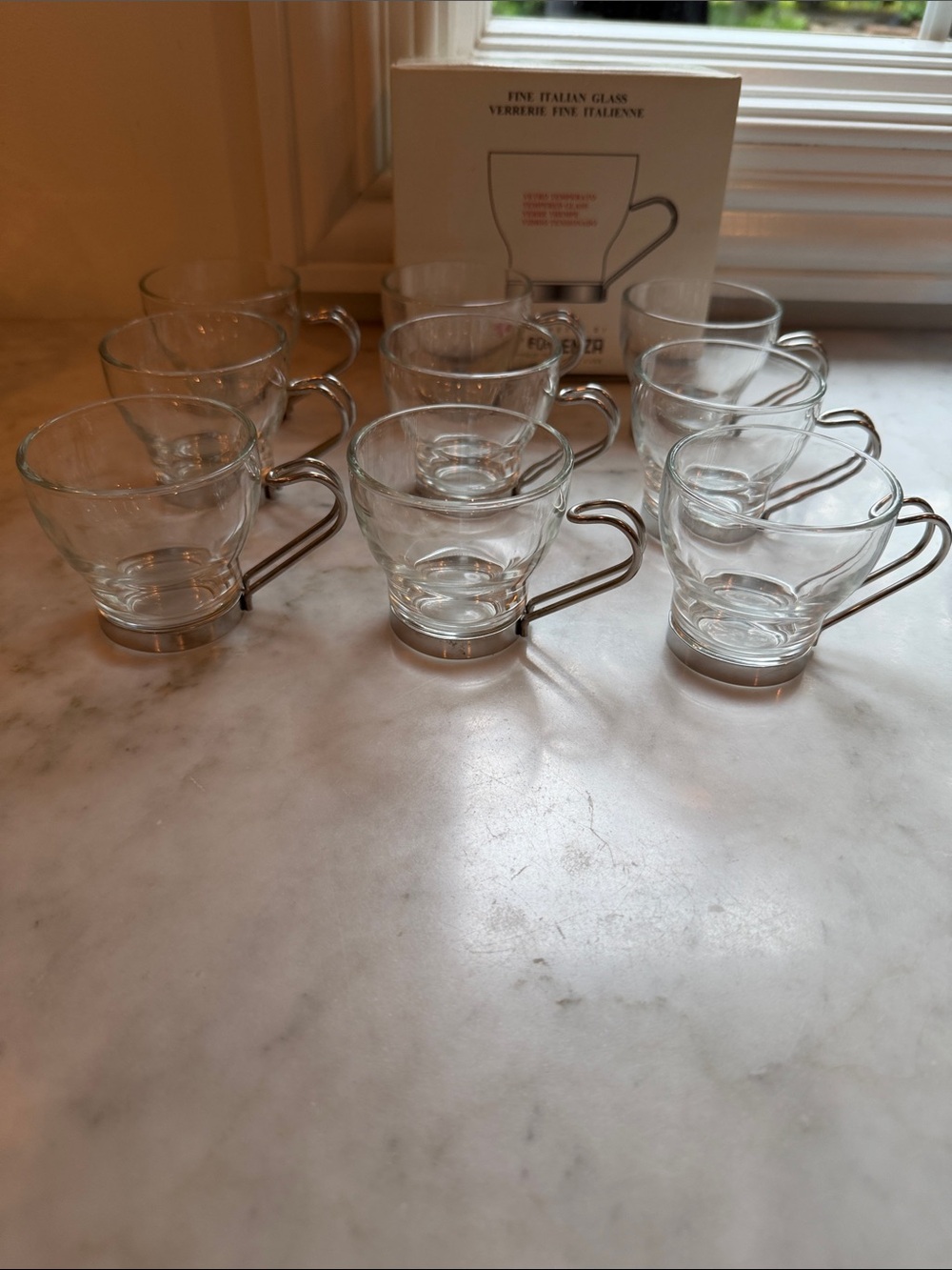 FIDENZA made in Italy 🇮🇹 9 ( nine) Clear Glass Espresso Cups with Metal Handles